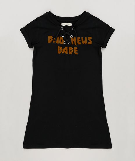 Vestido-Infantil--Bad-News--com-Lace-Up-Manga-Curta-em-Algodao---Sustentavel-Preto-9146243-Preto_1