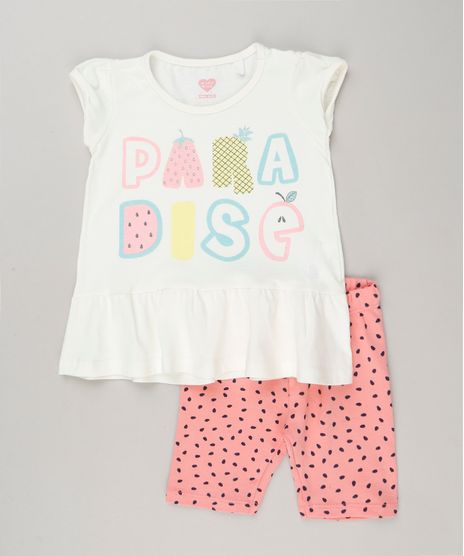 Conjunto-Infantil-de-Blusa--Paradise--com-Babado-Manga-Curta-Off-White---Bermuda-Estampada-em-Algodao---Sustentavel-Rosa-9235611-Rosa_1