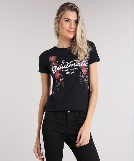 Blusa-Feminina-com-Estampa-de-Flores-Manga-Curta-Decote-Redondo-Preta-9211803-Preto_1