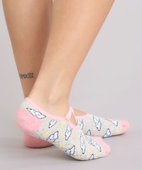 Meia-Feminina-Sapatilha-Estampada-de-Nuvens-e-Arco-Iris-Bege-9146577-Bege_3