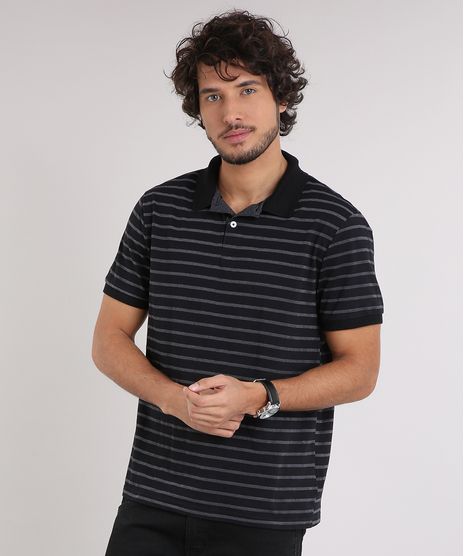 Polo-Masculina-Listrada-Manga-Curta-em-Algodao---Sustentavel-Preta-9209745-Preto_1