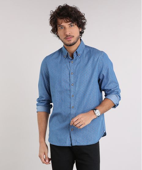 Camisa-Jeans-Masculina-Comfort-Estampada-Mini-Print-Manga-Longa-Azul-Medio-9049892-Azul_Medio_1