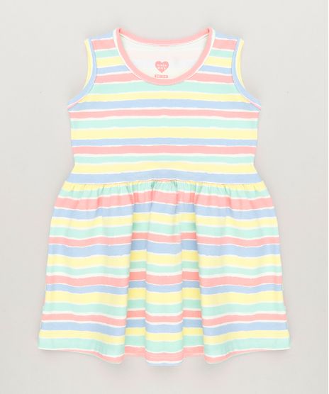 Vestido-Infantil-Listrado-Sem-Manga-Decote-Redondo-em-Algodao---Sustentavel-Amarelo-9235607-Amarelo_1