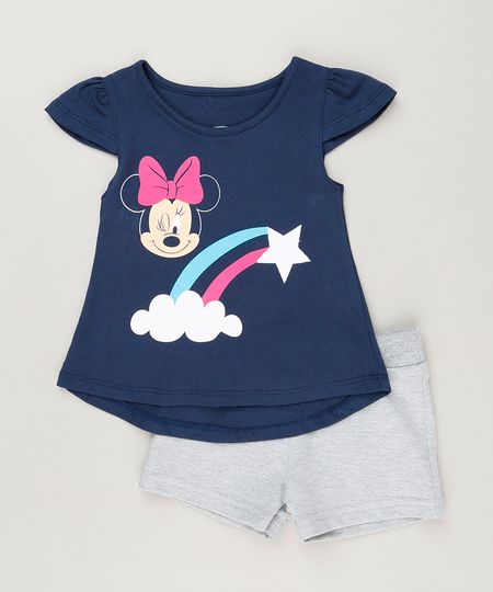 Conjunto-Infantil-de-Blusa-Minnie-Manga-Curta-Azul-Marinho---Short-em-Moletom-Cinza-Mescla-9230520-Cinza_Mescla_1