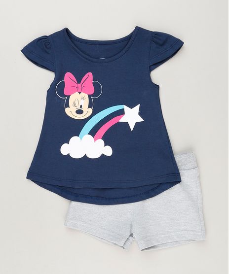 Conjunto-Infantil-de-Blusa-Minnie-Manga-Curta-Azul-Marinho---Short-em-Moletom-Cinza-Mescla-9230520-Cinza_Mescla_1
