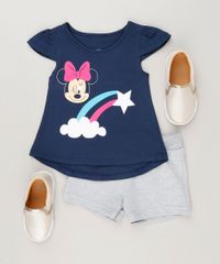 Conjunto-Infantil-de-Blusa-Minnie-Manga-Curta-Azul-Marinho---Short-em-Moletom-Cinza-Mescla-9230520-Cinza_Mescla_3