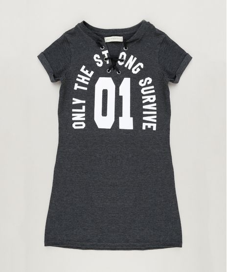 Vestido-Infantil-com-Lace-Up-Manga-Curta-Decote-V-em-Algodao---Sustentavel-Cinza-Mescla-Escuro-9146242-Cinza_Mescla_Escuro_1