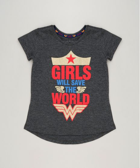 Blusa-Infantil-Mulher-Maravilha--Girls-Will-Save-The-World--com-Glitter-Manga-Curta-Decote-Redondo-Cinza-Mescla-Escuro-9230149-Cinza_Mescla_Escuro_1