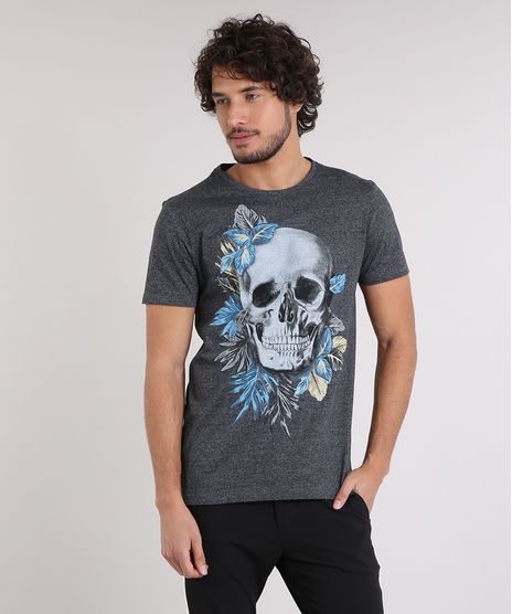 Camiseta-Masculina-Slim-Fit-com-Estampa-de-Caveira-Manga-Curta-Gola-Careca-Cinza-Mescla-Escuro-9209208-Cinza_Mescla_Escuro_1