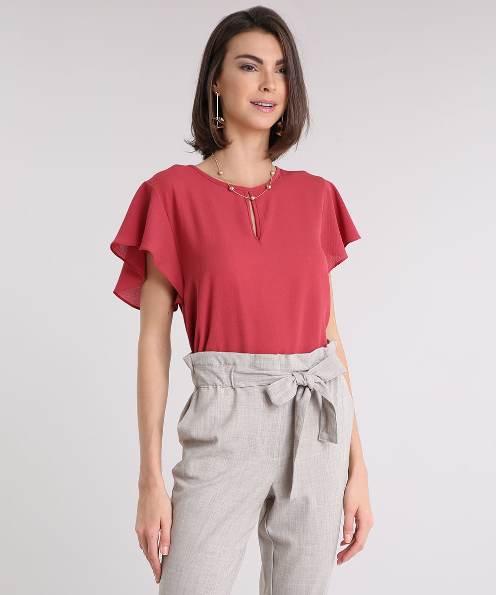 Blusa Feminina Manga Curta Com Babados Rosa Escuro Cea