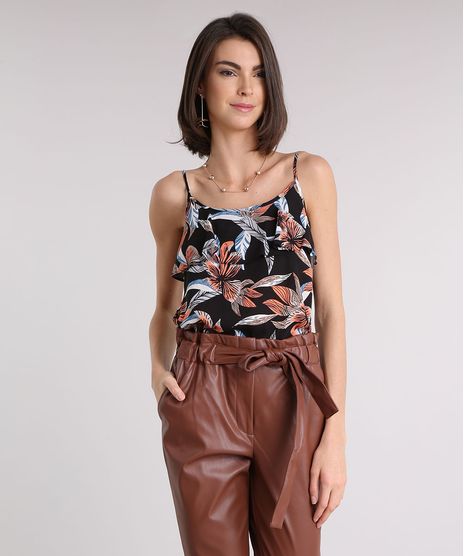 Regata-Feminina-Estampada-Floral-com-Babado-Alcas-Finas-Decote-Redondo-Preto-9111690-Preto_1