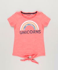 Camiseta-Infantil--Unicorns--com-Paetes-e-No-Manga-Curta-Decote-Redondo-em-Algodao---Sustentavel-Coral-9245400-Coral_1