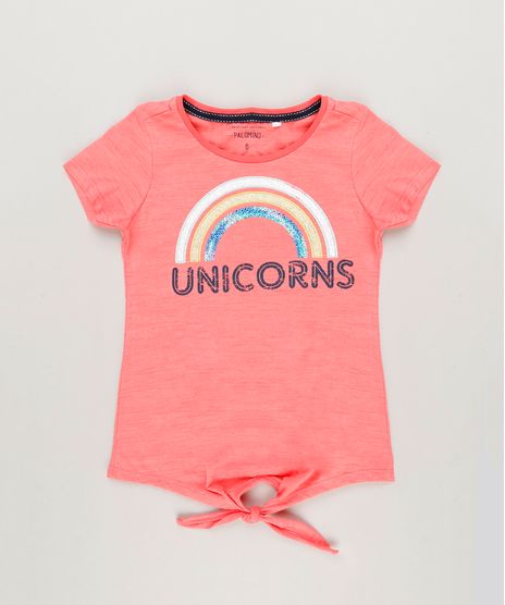 Camiseta-Infantil--Unicorns--com-Paetes-e-No-Manga-Curta-Decote-Redondo-em-Algodao---Sustentavel-Coral-9245400-Coral_1