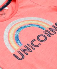 Camiseta-Infantil--Unicorns--com-Paetes-e-No-Manga-Curta-Decote-Redondo-em-Algodao---Sustentavel-Coral-9245400-Coral_3