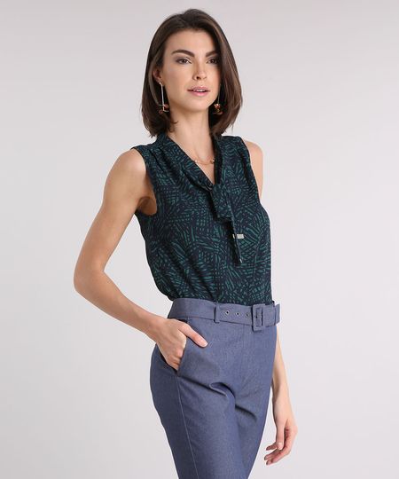 Regata-Feminina-Estampada-de-Folhagem-com-Gola-Laco-Verde-9109061-Verde_1