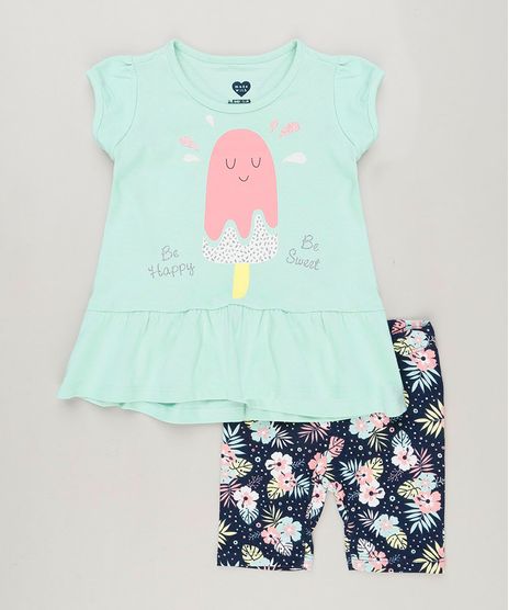Conjunto-Infantil-de-Blusa-Estampada-de-Sorvete-com-Babado-Manga-Curta-Verde-Claro---Bermuda-Estampada-Floral-em-Algodao---Sustentavel-Azul-Marinho-9235609-Azul_Marinho_1