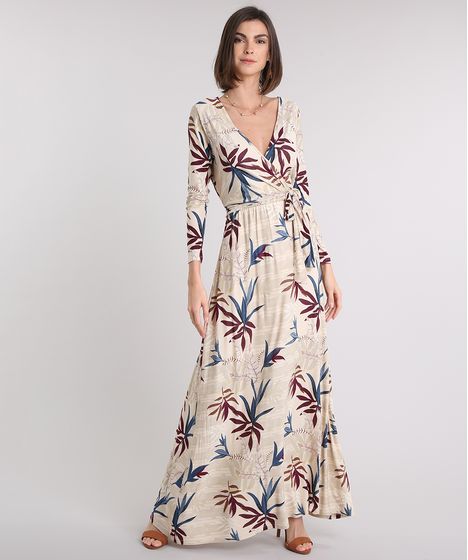 Vestido Longo Feminino Estampado De Folhagem Manga Longa Bege Cea