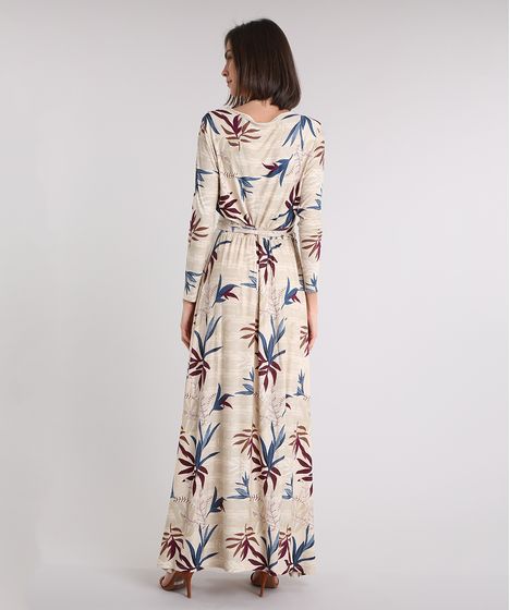 Vestido Longo Feminino Estampado De Folhagem Manga Longa Bege Cea
