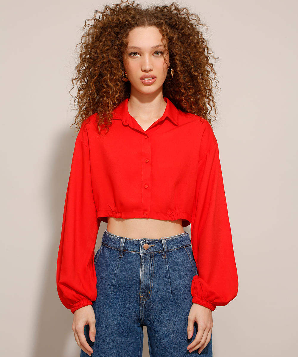 Camisa Cropped de Viscose com Manga Bufante Longa Vermelha