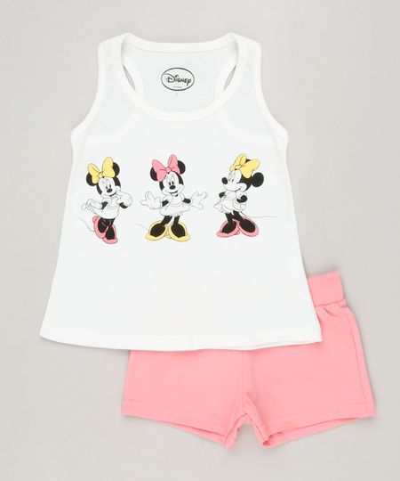 Conjunto Infantil Minnie de Regata Off White + Short em Moletom Rosa Menor preço em Conjunto Infantil Minnie de Regata Off White + Short em Moletom Rosa