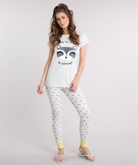 Pijama-Feminino-Estampado-de-Bichos-Manga-Curta-Cinza-Mescla-9219319-Cinza_Mescla_1