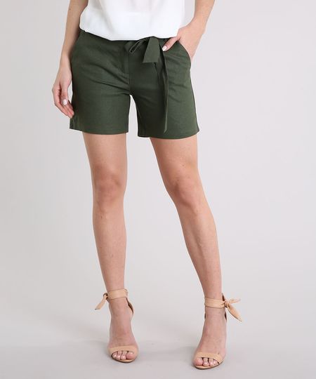 Short-Feminino-em-Linho-com-Faixa-Verde-Militar-8715441-Verde_Militar_1