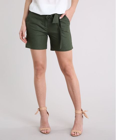 Short-Feminino-em-Linho-com-Faixa-Verde-Militar-8715441-Verde_Militar_1