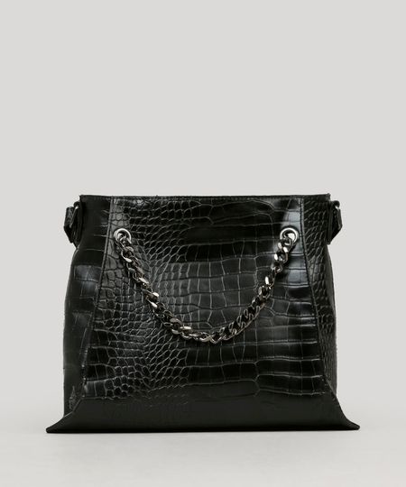 Bolsa-Feminina-Trapezio-Texturizada-com-Corrente-Preta-9100712-Preto_1