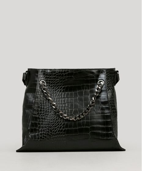 Bolsa-Feminina-Trapezio-Texturizada-com-Corrente-Preta-9100712-Preto_1