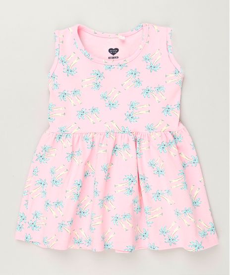 Vestido-Infantil-Estampado-de-Coqueiros-Sem-Manga-Decote-Redondo-em-Algodao---Sustentavel-Rosa-9235605-Rosa_1