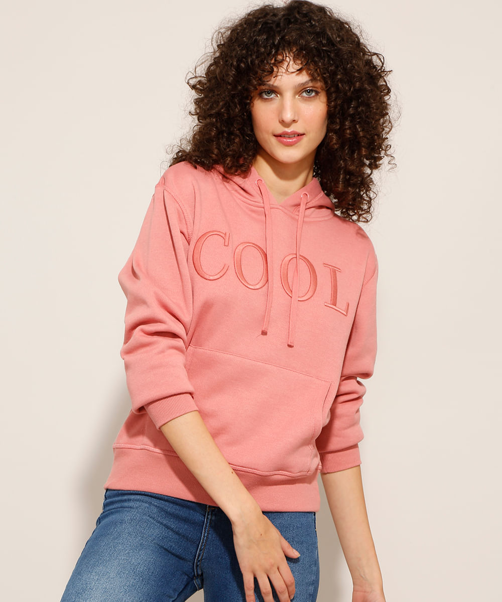Blusão de Moletom Cool com Bordado e Capuz Rosa