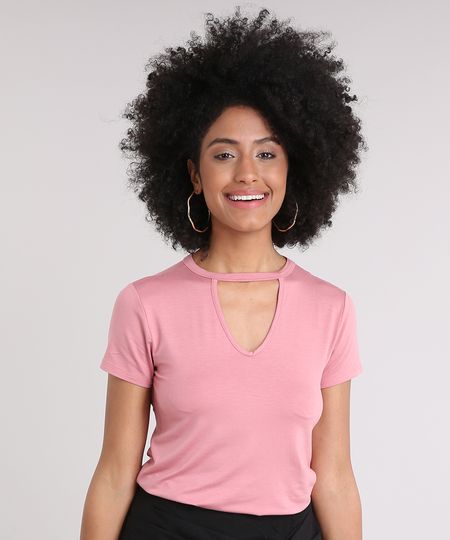 Blusa Feminina Choker Básica Manga Curta Decote Redondo Rosê Menor preço em Blusa Feminina Choker Básica Manga Curta Decote Redondo Rosê