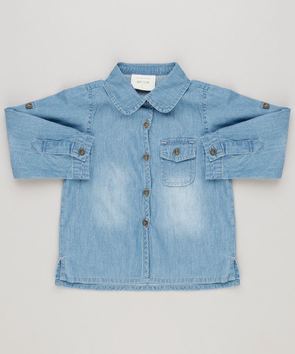 Camisa Jeans Infantil com Bolso Manga Longa Azul Claro 4
