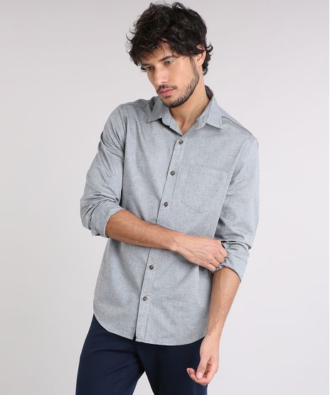 Camisa-Masculina-Slim-com-Bolso-Manga-Longa-Cinza-Mescla-9258425-Cinza_Mescla_1