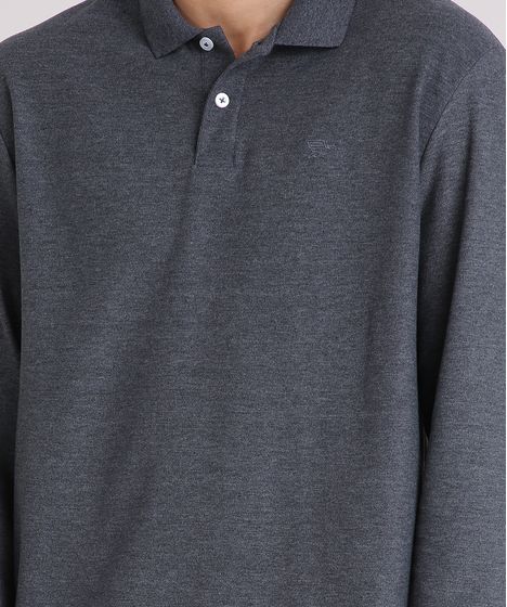 Polo Masculina Em Piquet Manga Longa Cinza Mescla Escuro Cea
