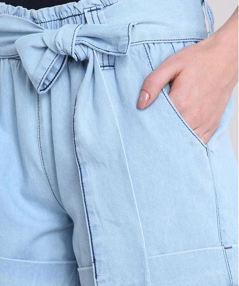 short com laço na cintura jeans