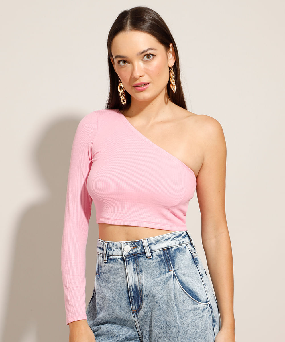 Blusa Cropped One Shoulder Manga Longa Rosa Claro
