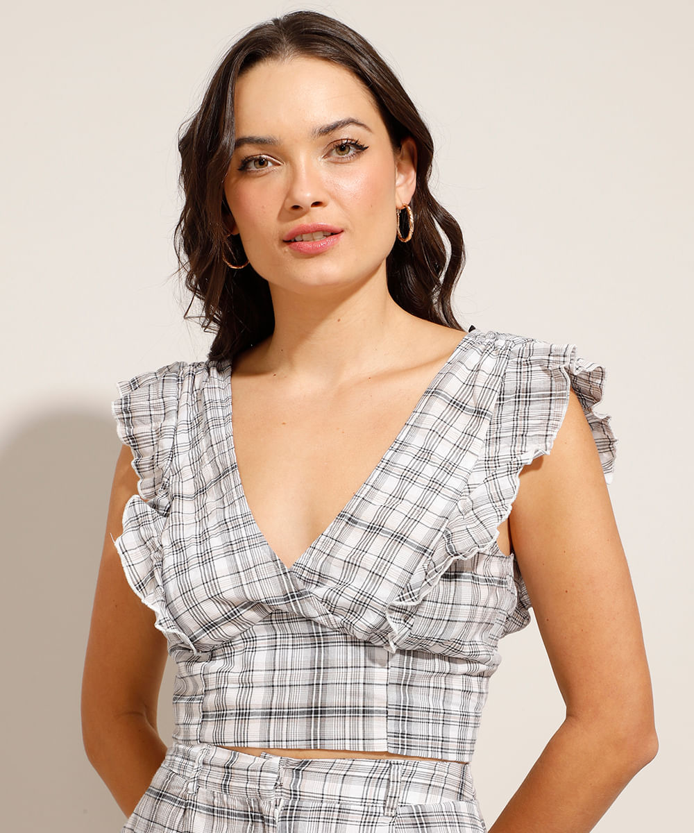 Regata Cropped Estampada Xadrez com Babados Decote V Off White