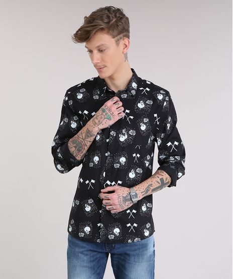 Camisa-Masculina-Estampada-com-Caveiras-Manga-Longa-e-Bolso--Preta-8873892-Preto_1