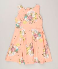 Vestido-Infantil-Estampado-Floral-com-Pregas-Sem-Manga-Decote-Redondo-Coral-9115649-Coral_1