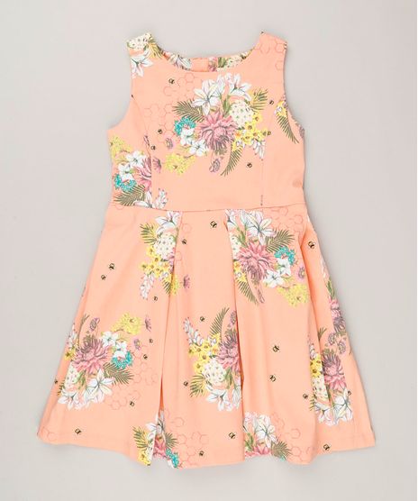 Vestido-Infantil-Estampado-Floral-com-Pregas-Sem-Manga-Decote-Redondo-Coral-9115649-Coral_1