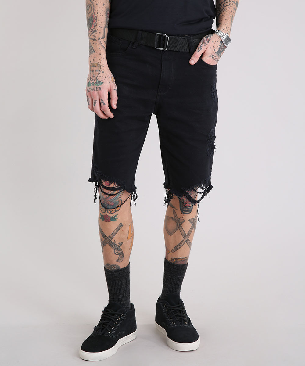 Bermuda Jeans Masculina Destroyed Com Cinto Preto Ceacollections