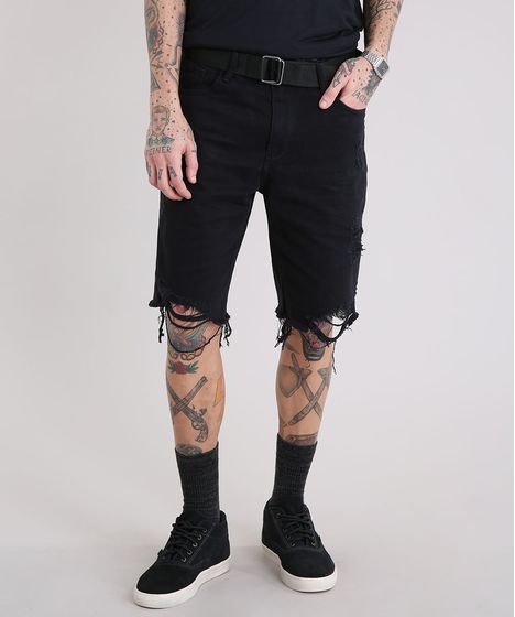 short jeans preto desfiado masculino