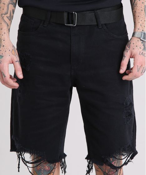 Bermuda Jeans Masculina Destroyed Com Cinto Preto Cea