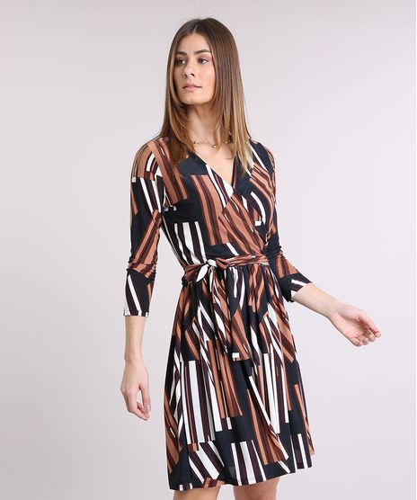 Vestido-Feminino-Estampado-Geometrico-Transpassado-Curto-Manga-Longa-Decote-V-Marrom-9229937-Marrom_1
