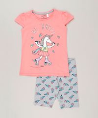 Conjunto-Infantil-de-Blusa-Unicornio-Manga-Curta-Rosa---Bermuda-Estampada-de-Estrelas-em-Algodao---Sustentavel-Cinza-Mescla-9259611-Cinza_Mescla_1