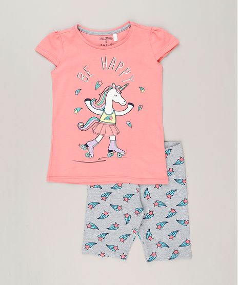 Conjunto-Infantil-de-Blusa-Unicornio-Manga-Curta-Rosa---Bermuda-Estampada-de-Estrelas-em-Algodao---Sustentavel-Cinza-Mescla-9259611-Cinza_Mescla_1