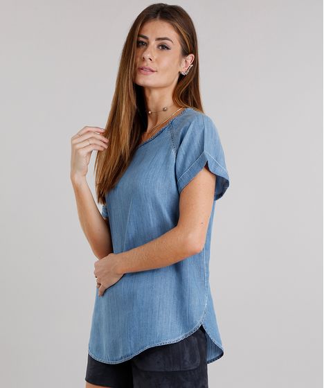 Blusa Jeans Feminina Ampla Manga Curta Decote Redondo Azul Claro Cea