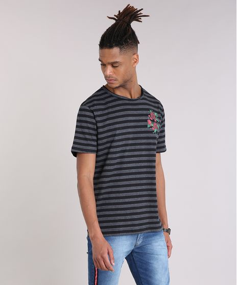 Camiseta-Masculina-Listrada-com-Estampa-de-Rosas-Manga-Curta-Gola-Careca-Cinza-Mescla-9204774-Cinza_Mescla_1