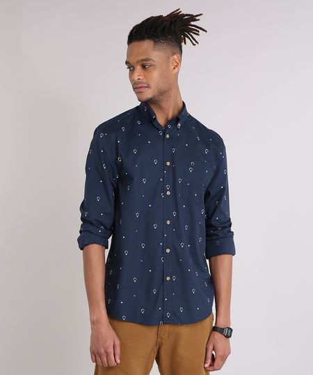 Camisa-Masculina-Mini-Print-Lampada-com-Bolso-Manga-Longa-Azul-Marinho-9079741-Azul_Marinho_1